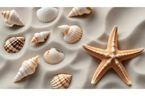 A Starfish and Seashells on Sand